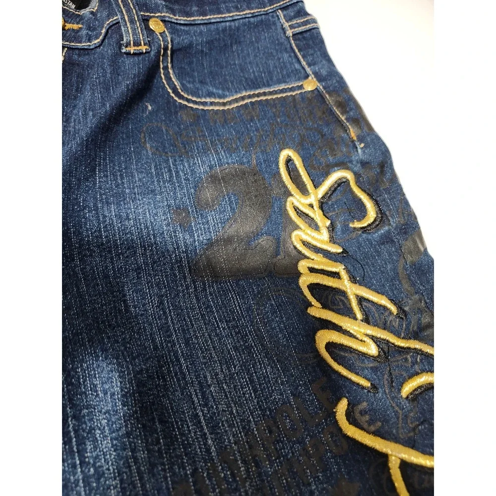 Southpole Y2K Womens Flare Jeans Dark Wash Gold Embroidered Streetwear Size 9